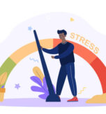 Stress level concept. Man solves problems and reduces psychological pressure. Character tired because of the emotional and work load. Cartoon flat vector illustration isolated on a white background